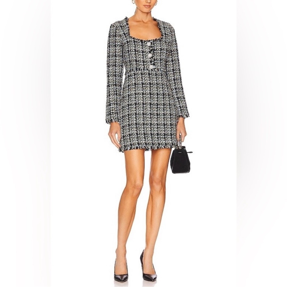 Likely Plaid Tweed Long Sleeve Mini Sheath Dress Black Blue Size 6 Preppy